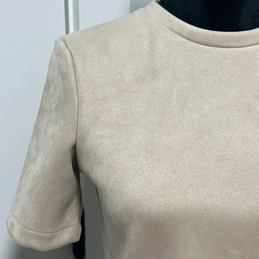 Zara Camel faux suede top with full back zipper short sleeves size Small - Picture 2 of 7